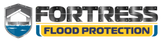 Logo for Fortress Flood Protection. Shield with house, checkmark; text is blue and yellow.
