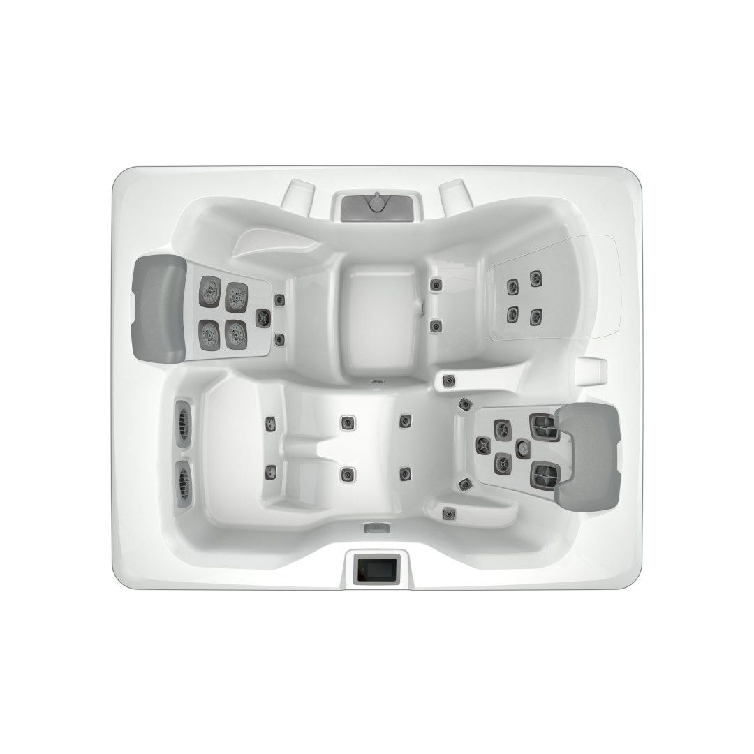 A white hot tub with gray seats and jets on a white background.