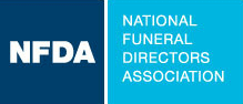 The logo for the national funeral directors association is blue and white.