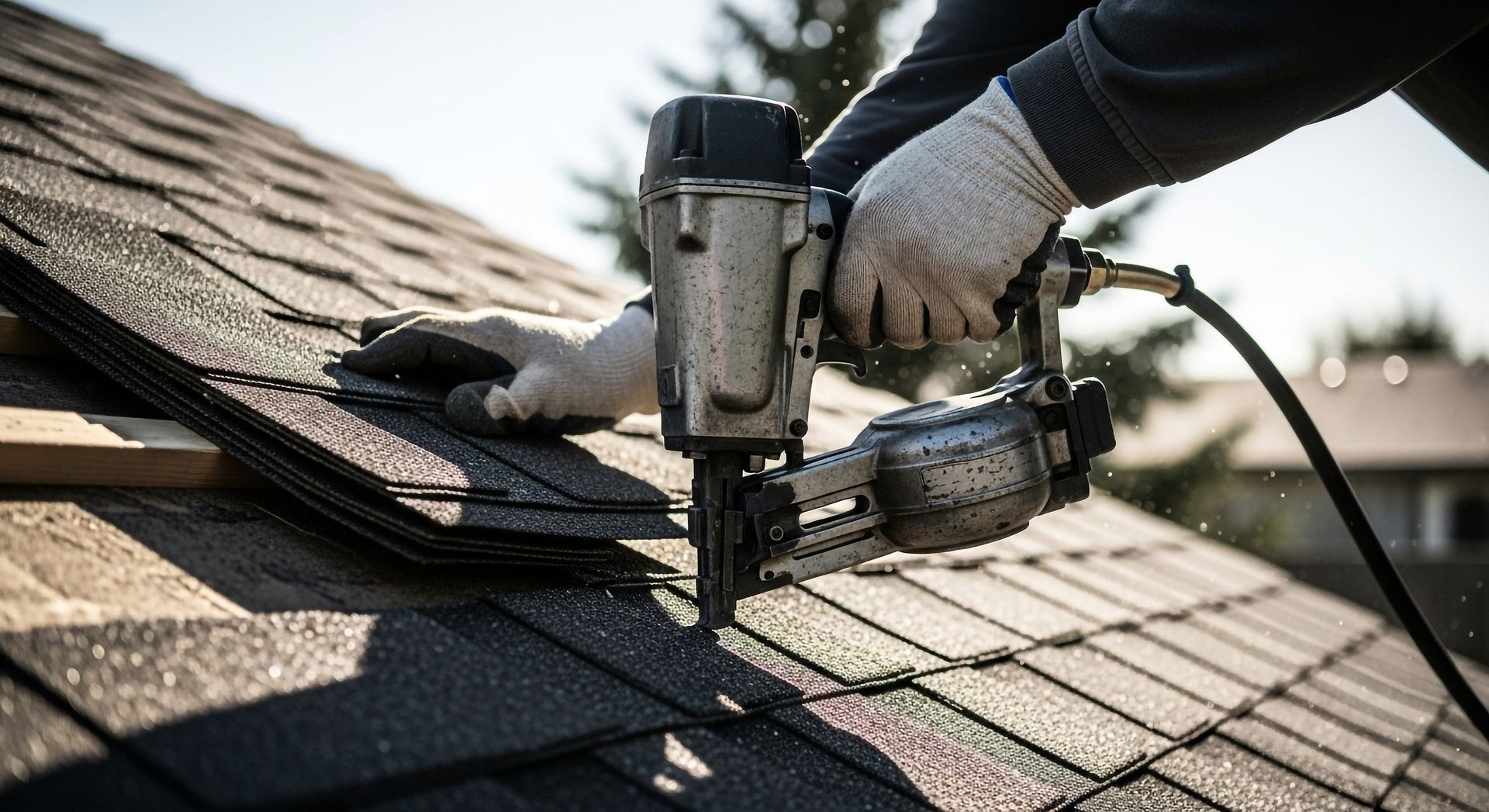 Person using a nail gun to attach shingles to a roof.