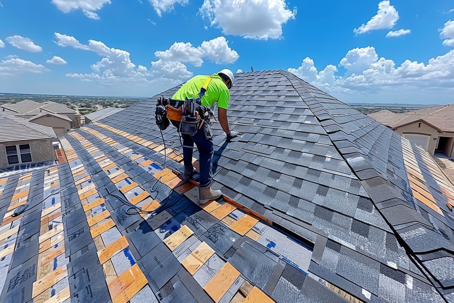 Roofer in safety gear installing shingles on a residential roof under a sunny, blue sky.