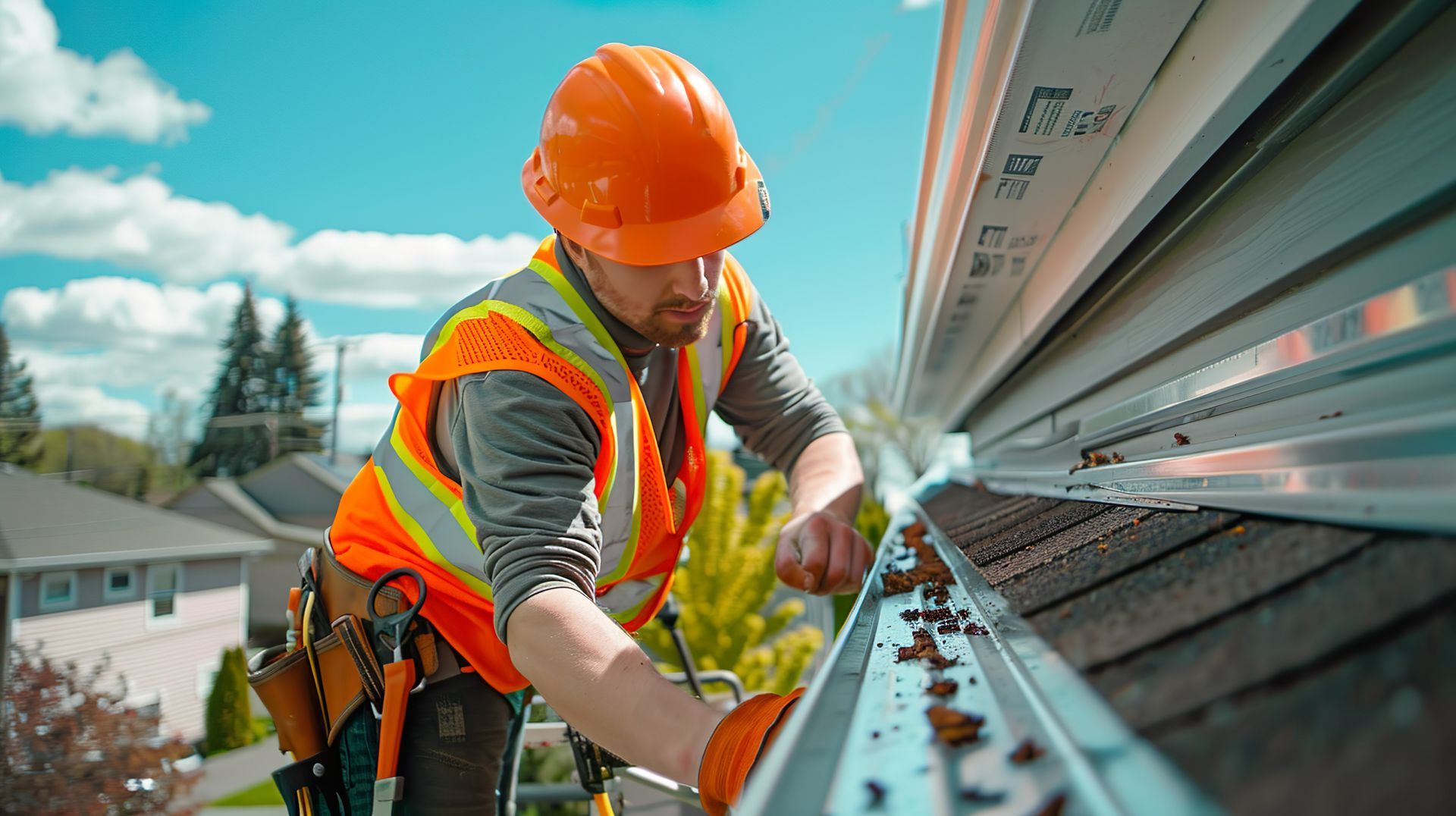 Man in orange safety gear cleaning a roof gutter, working outdoors.