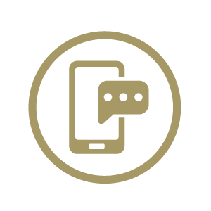 Gold circle with a smartphone and text bubble icon.