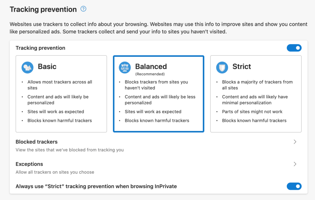 Tracking Prevention Settings
