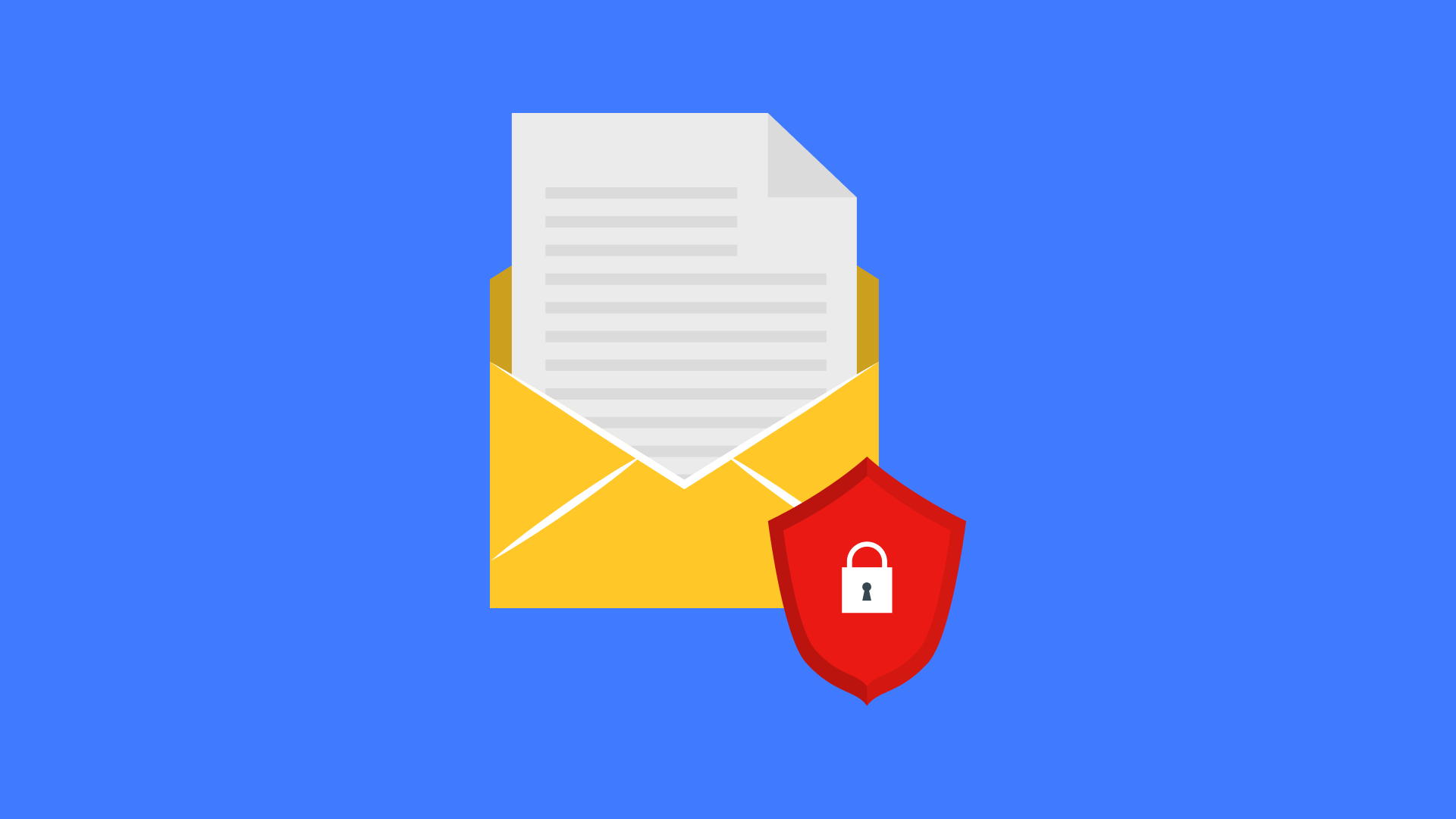An envelope with a piece of paper and a red shield with a padlock on it.