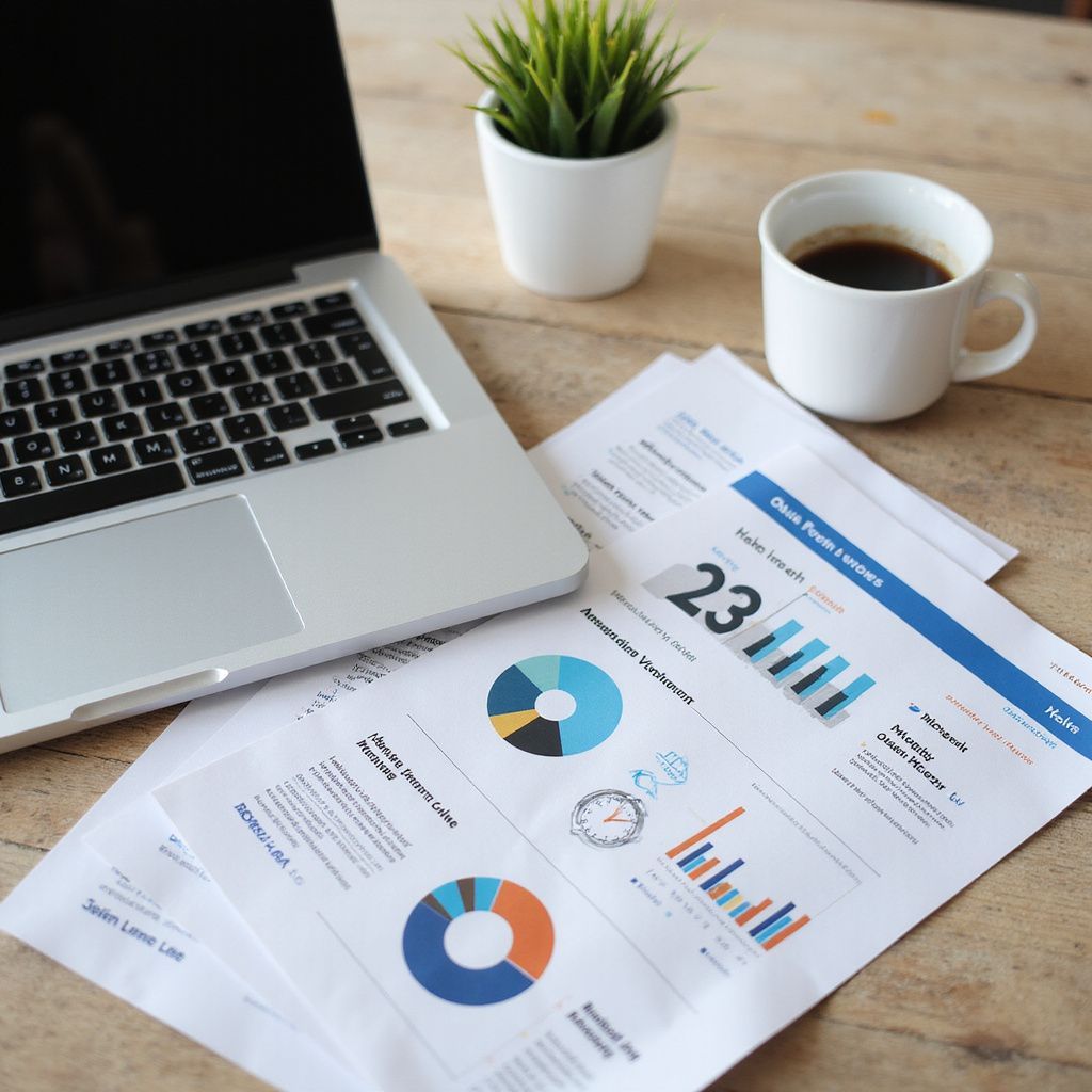 Laptop, papers with charts, coffee cup, and plant on a wooden desk, suggesting work and data analysis.