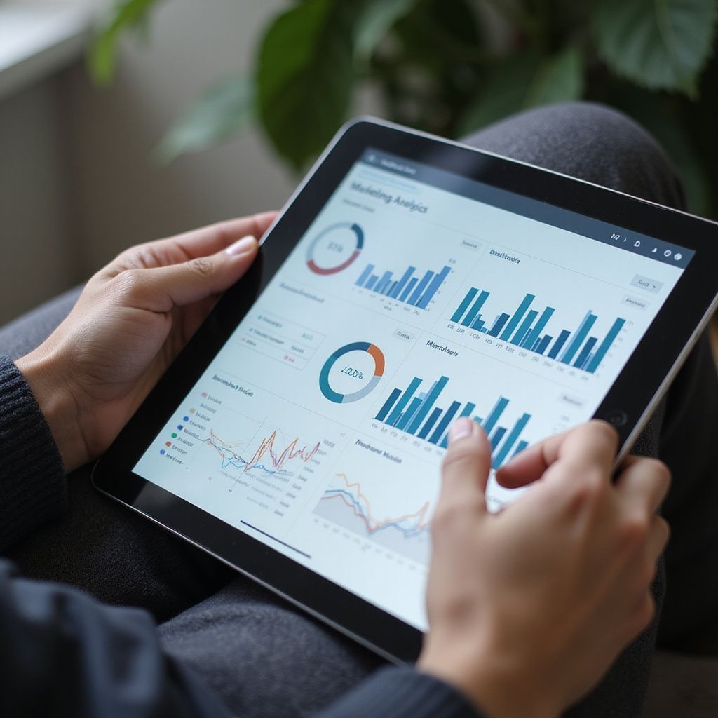 Person holding a tablet displaying marketing analysis charts and graphs.