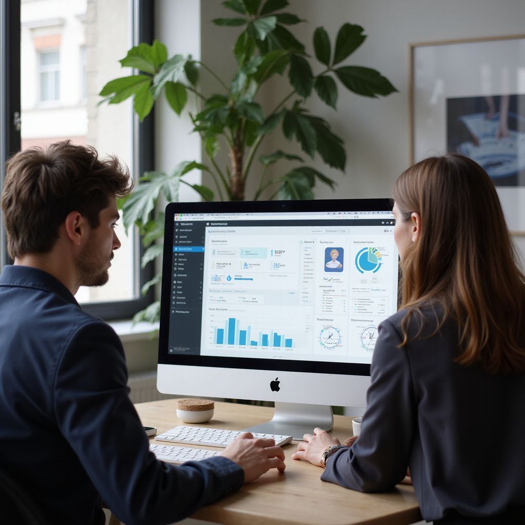 Two people looking at a computer screen with data charts in an office setting.
