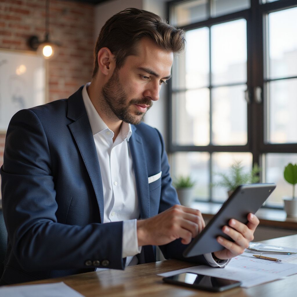 Man in a blue suit, focused on a tablet at a desk, near a window.