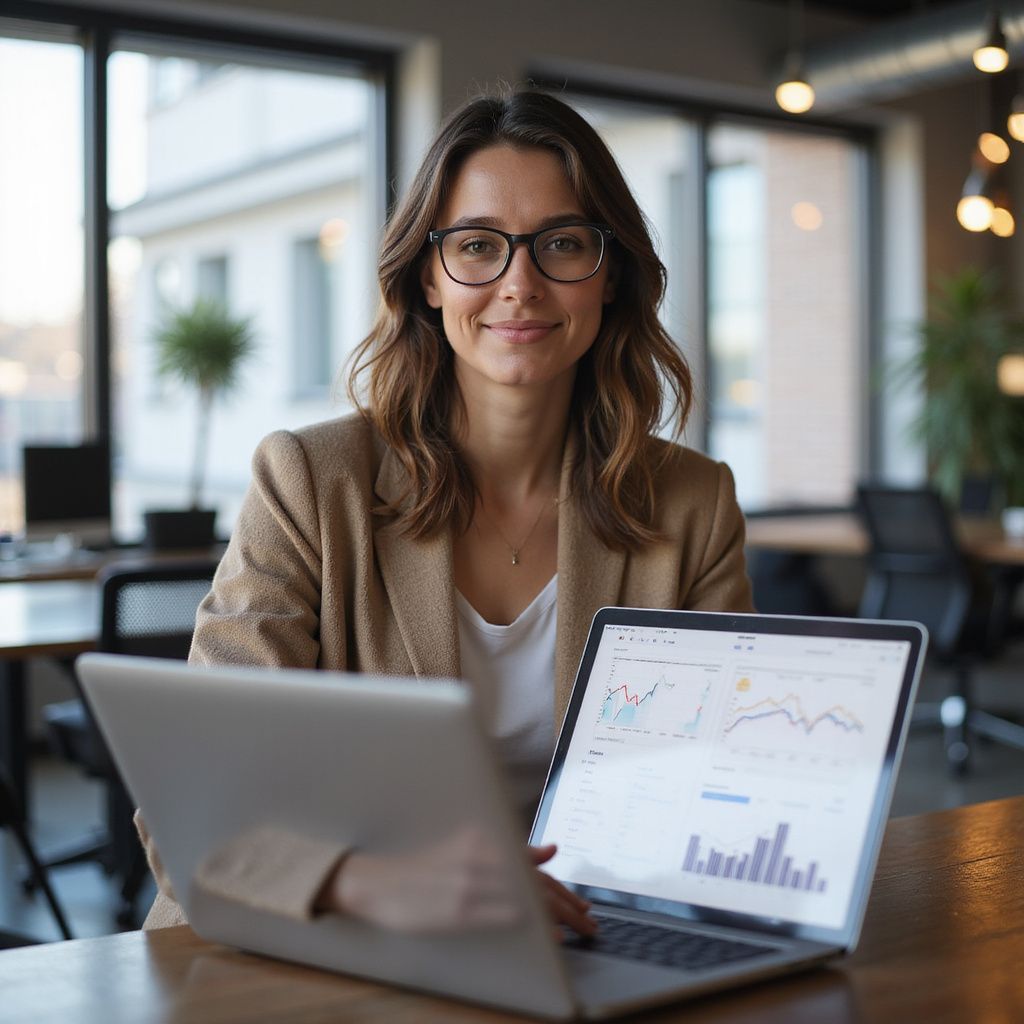 Woman in glasses and blazer in office, holding laptops with data charts, smiling.