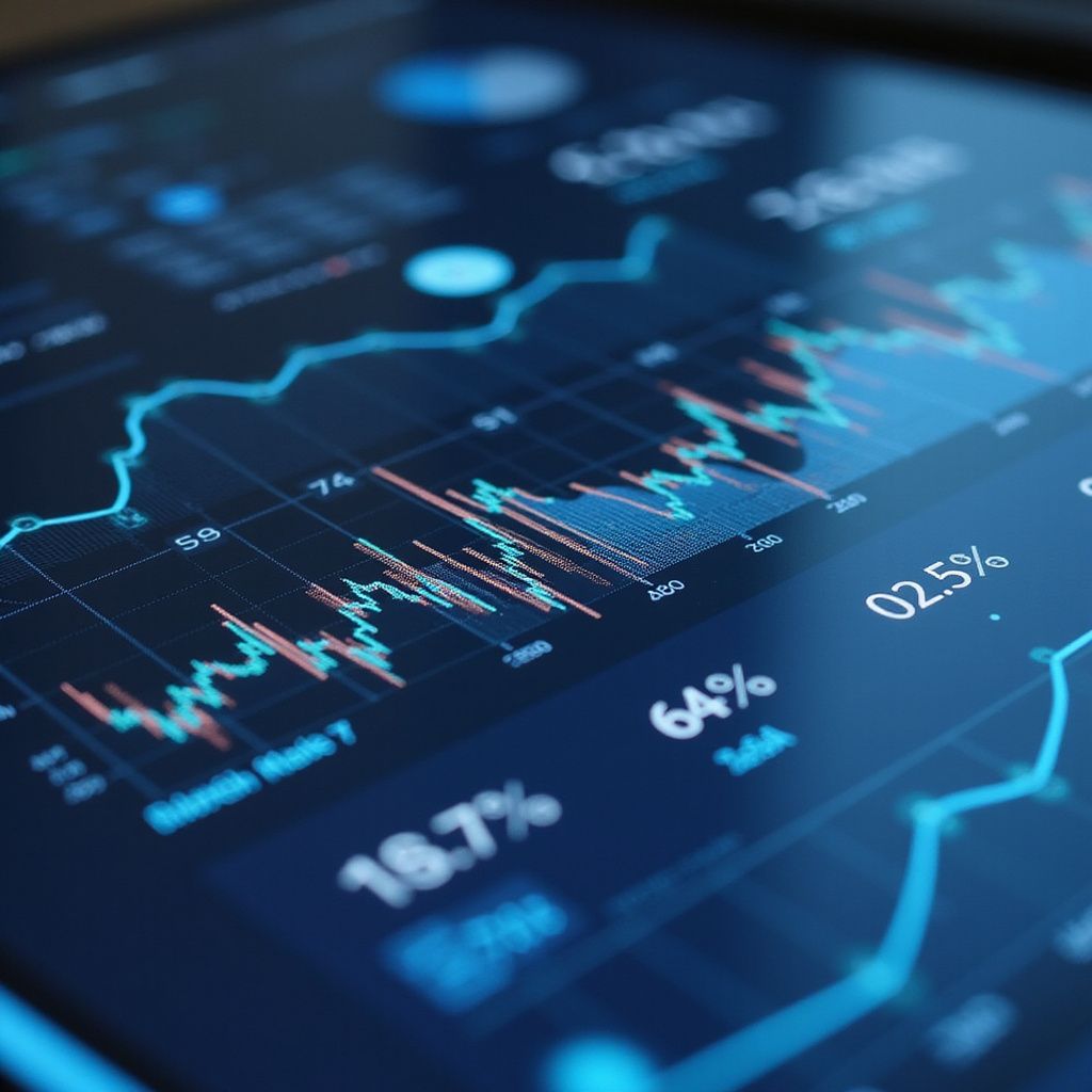 Close-up of tablet displaying financial data charts and percentages in blue and teal.