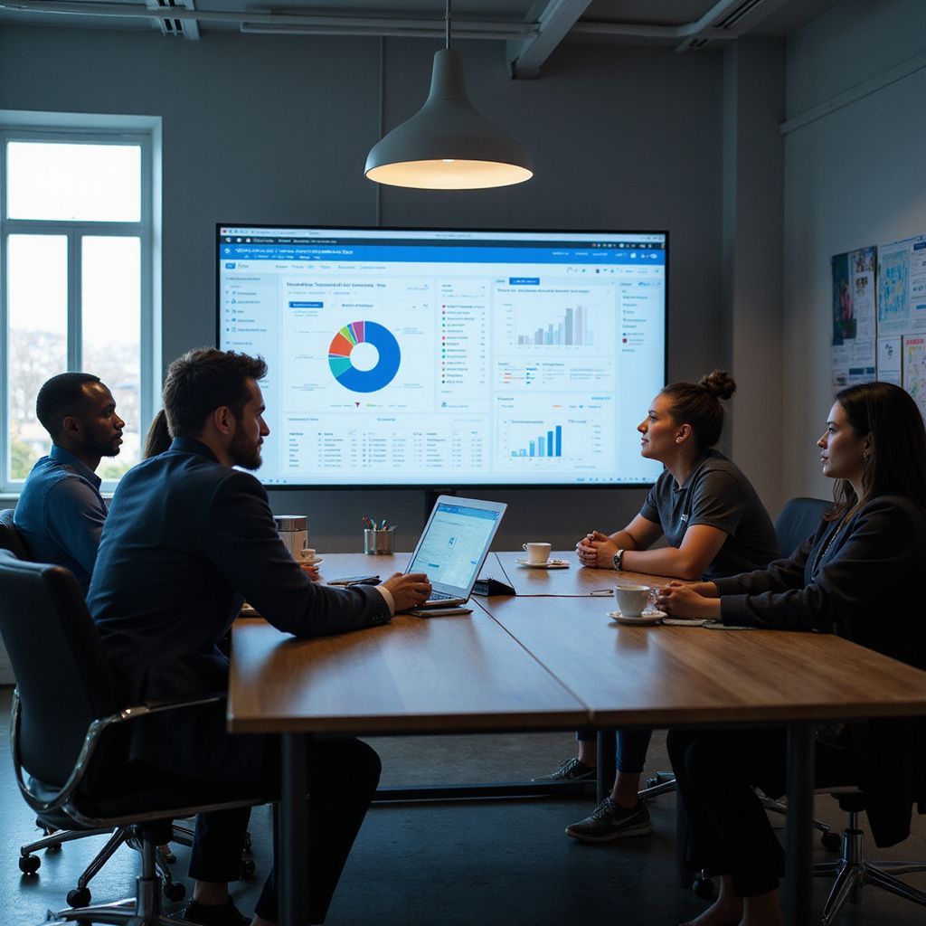 Business team at a table, looking at data displayed on a screen in a modern office setting.