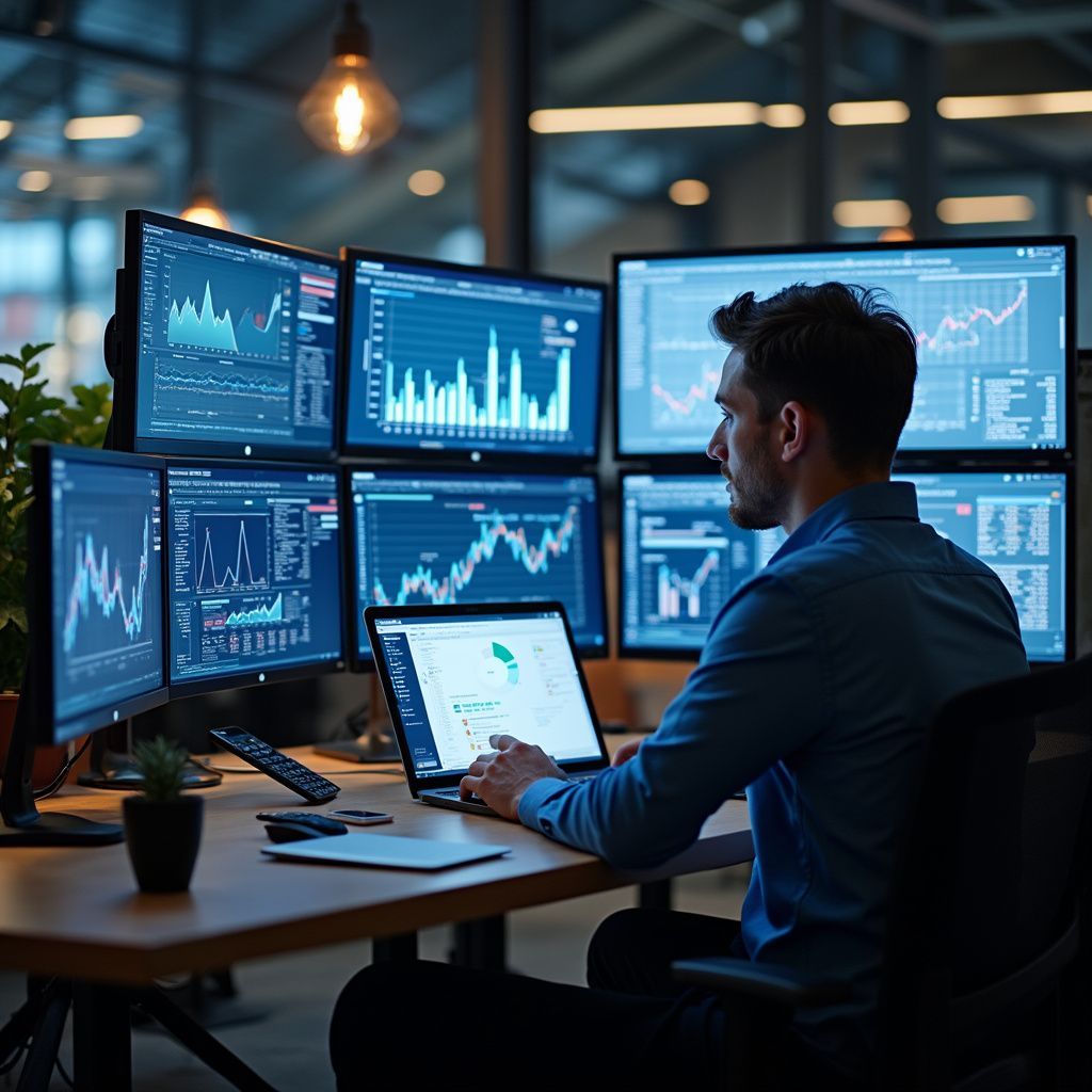 Man analyzing stock charts on multiple computer screens in a modern office setting.