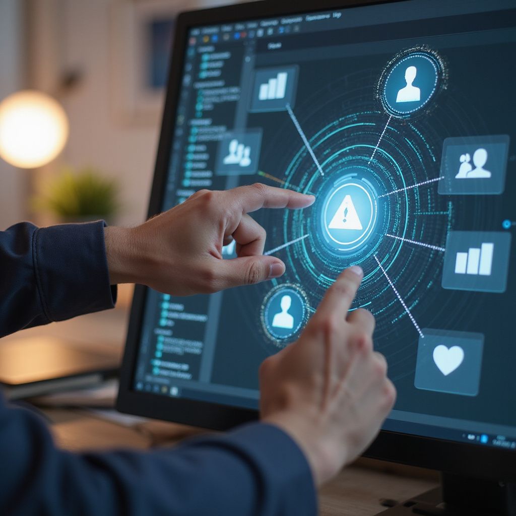 Hands pointing at a computer screen displaying a digital alert with a network of icons and charts.