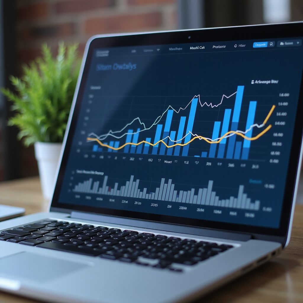 Laptop displaying stock market charts, blue, white, and yellow lines, next to a potted plant.