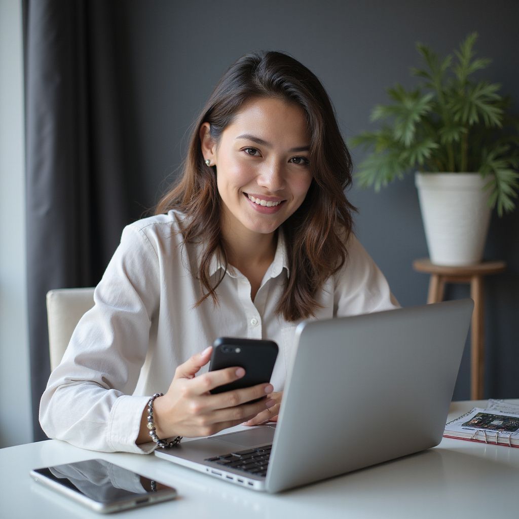 Woman smiling, holding phone, working on laptop at desk, with a plant and another phone nearby.
