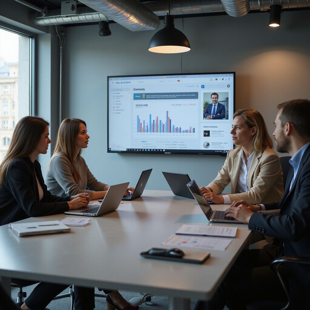 Four business people in a meeting around a table, discussing data on a screen.