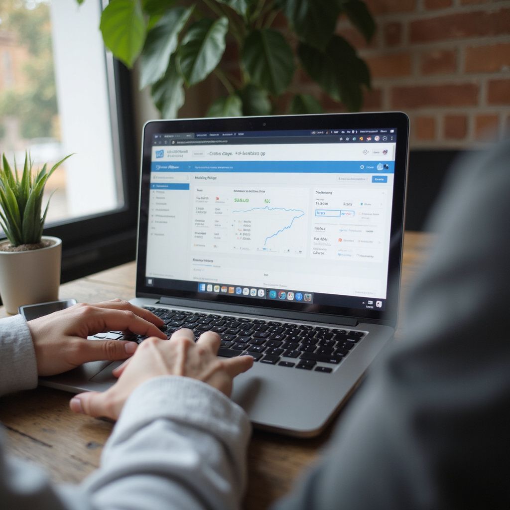 Person typing on a laptop, reviewing data on screen, near a window and plant.