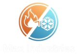 Logo: Orange and blue circle divided diagonally with a flame crossed out and a snowflake. "Max Industries" below.