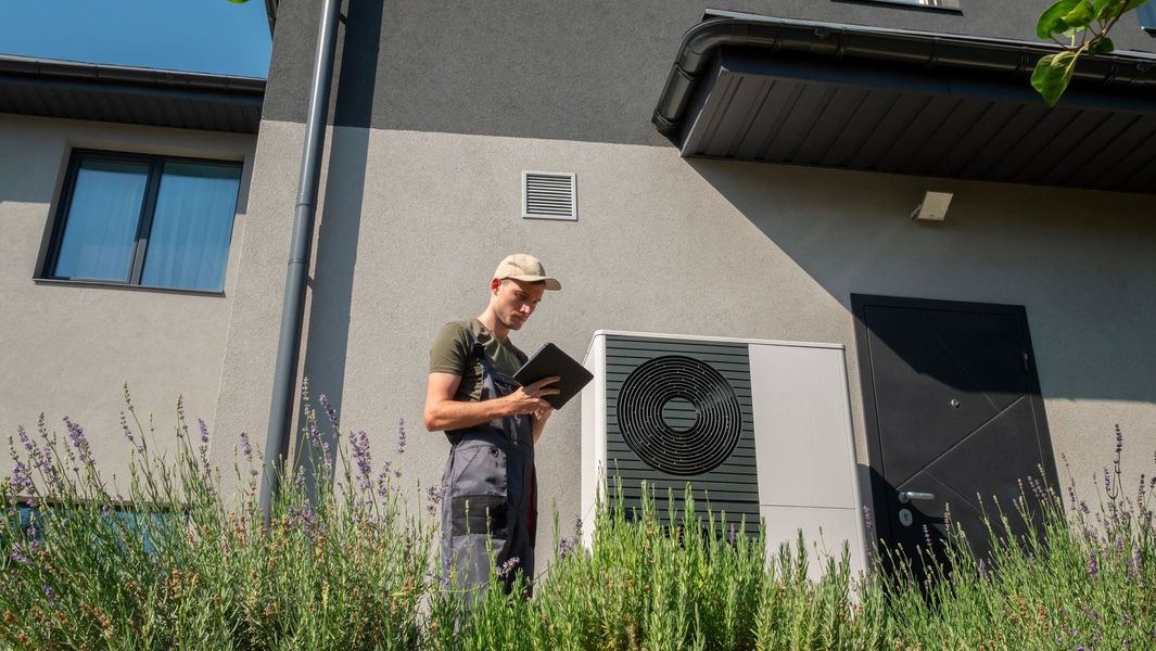 Man in overalls inspects a heat pump unit outside a house, using a tablet.