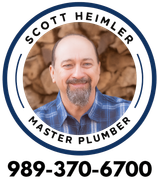 A man with a beard is in a circle with text "Scott Heimler, Master Plumber" and a phone number.