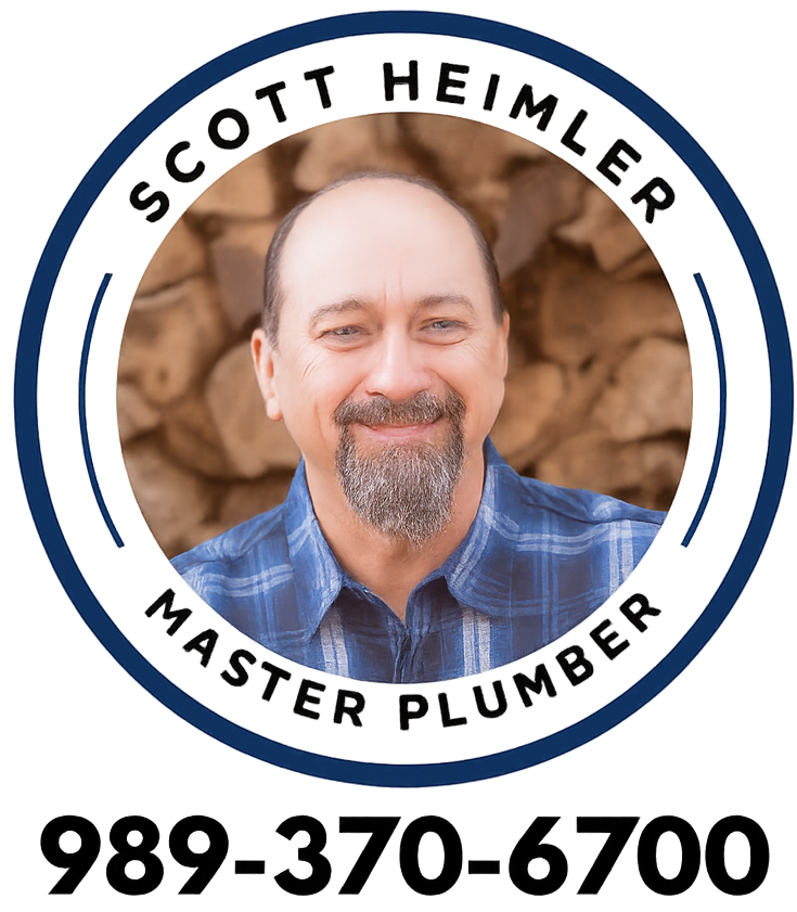 A man with a beard is in a circle with text "Scott Heimler, Master Plumber" and a phone number.