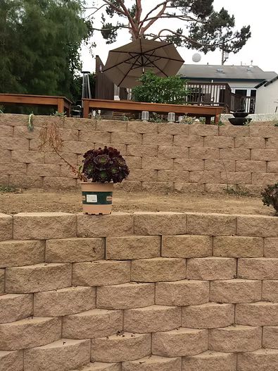 Retaining wall with a plant in a decorative pot in front of a deck with an umbrella.