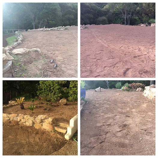 Four-panel photo showing progress of landscaping: soil preparation, then plants and stonework.