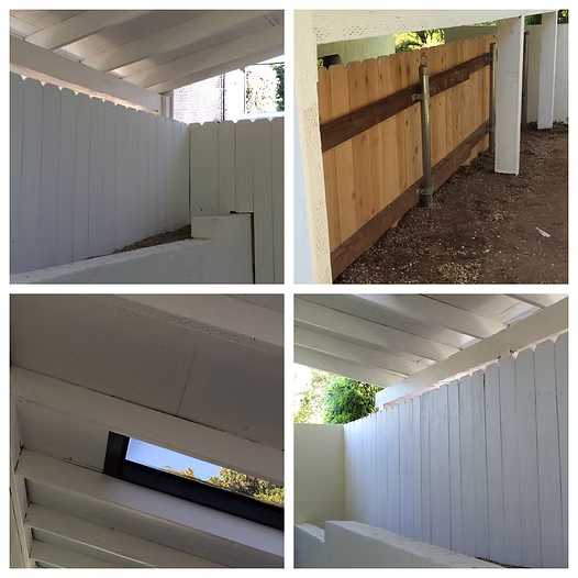Four images of a fenced area, alternating between white painted and natural wood.