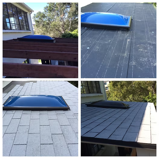 Four skylights on different roofs; wood, black rolled, white shingles, dark shingles.