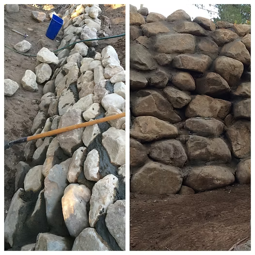 A before-and-after shot of a rock wall being built. Gray stones are being cemented together.