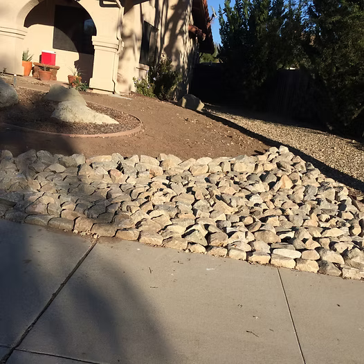 Rocks border a sloped yard with dirt and plants. The scene is sunny, in front of a house.