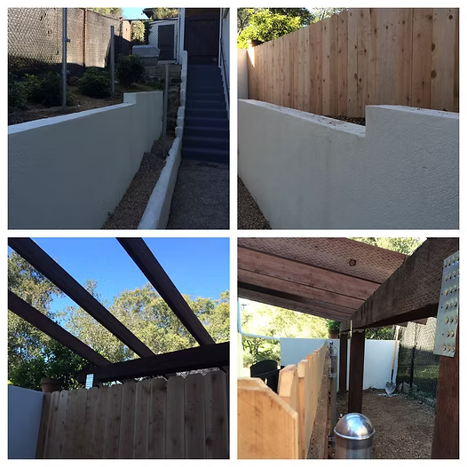 Four photos: walls, stairs, wooden fence, and pergola, all outdoors.