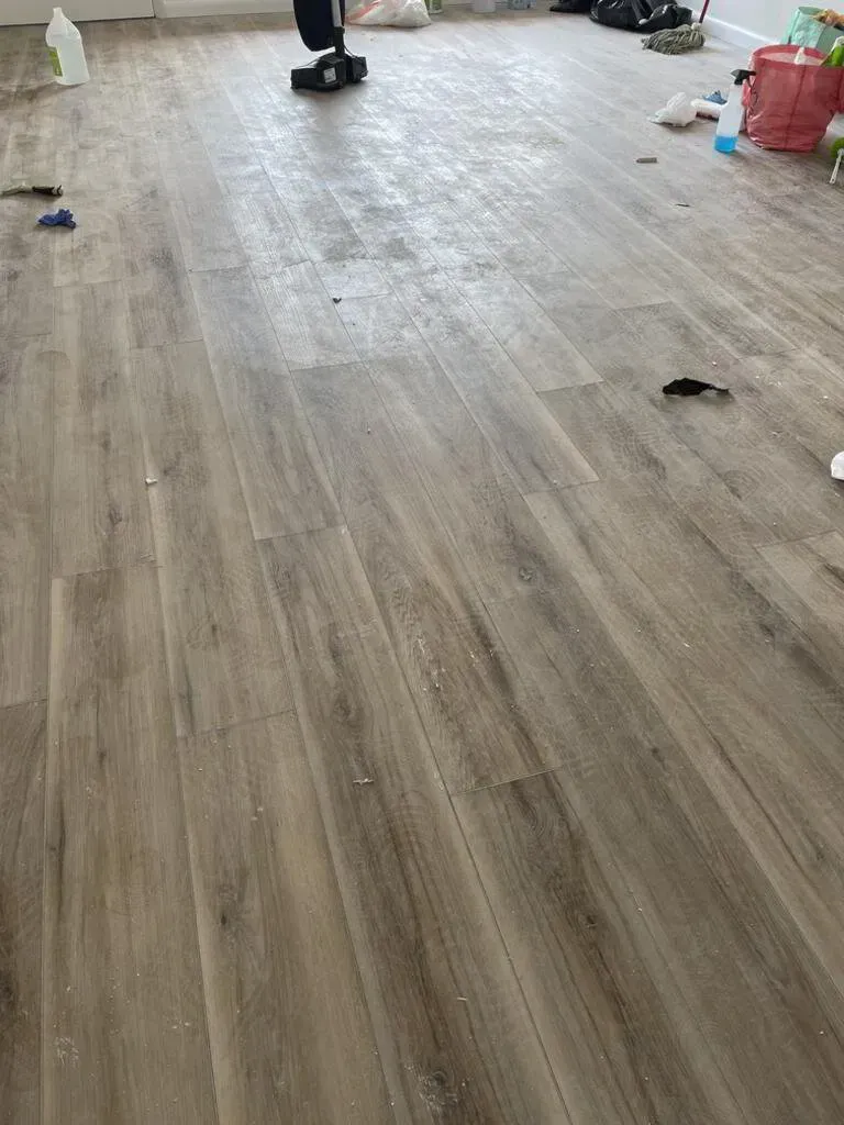 Laminate wood flooring, light brown with dark streaks, scattered with debris in a room.