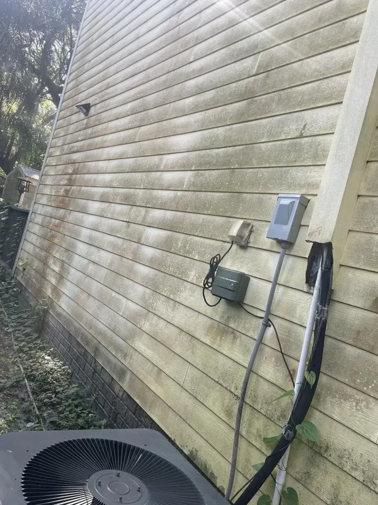 Weathered, light-colored siding on a house with green mildew. Electrical boxes and AC unit are attached to the wall.