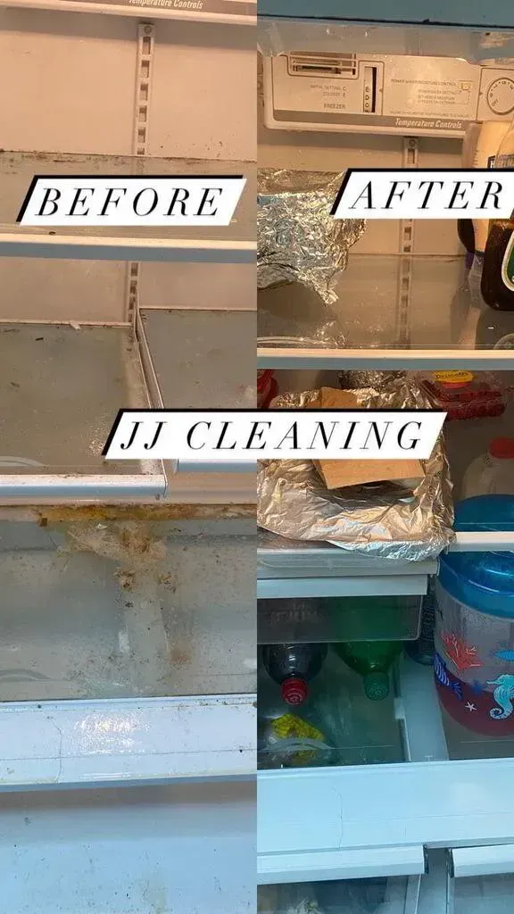 Before and after comparison of a refrigerator. Before has stains, after is clean with foil-covered shelves.