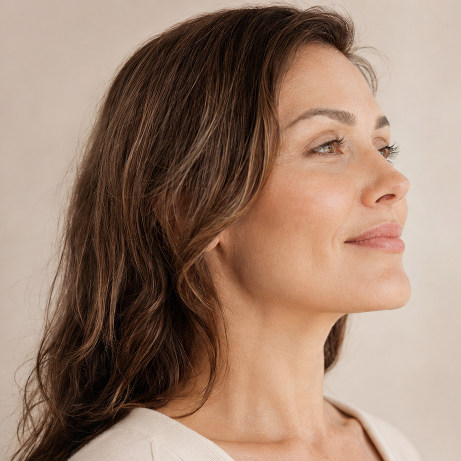 Woman breathing a deep breath out of her nose