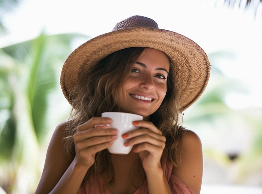 woman holding cup wearing sun hat