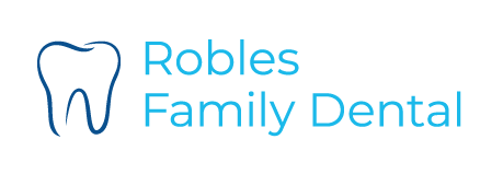 The logo for robles family dental has a tooth on it.