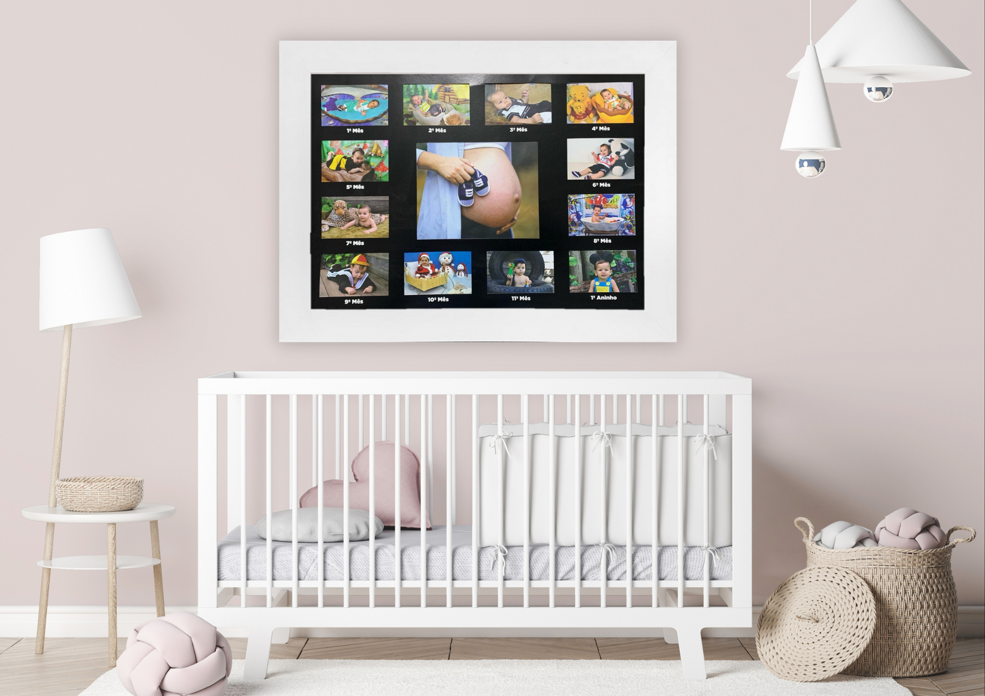 A baby 's room with a crib and a collage of pictures on the wall.