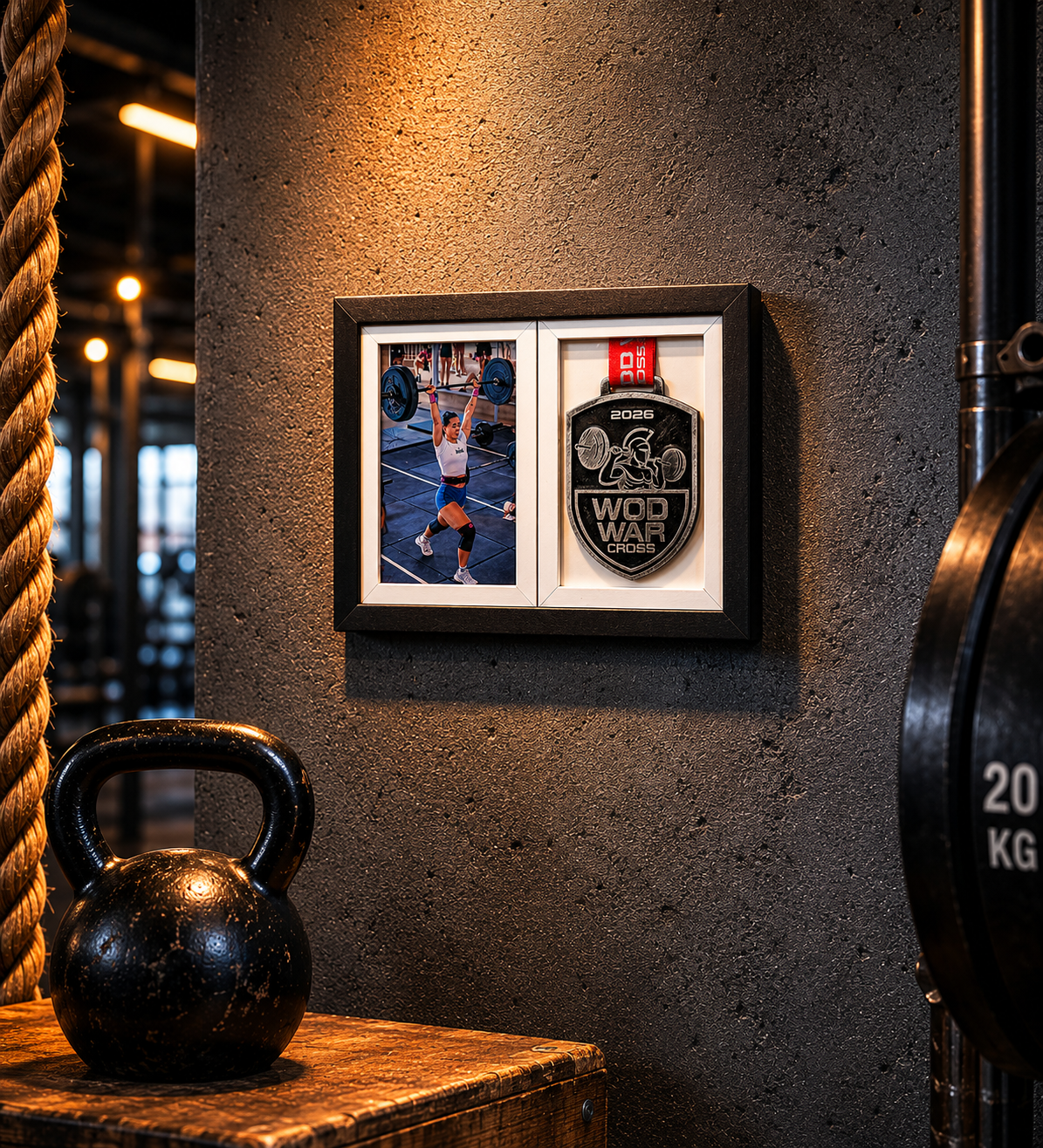 Framed MMA photo and championship belt on a speckled wall beside a kettlebell in a gym