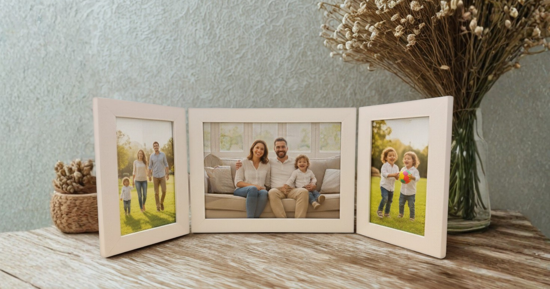 Triptych photo frame with three family photos on a table, next to a vase of dried flowers.