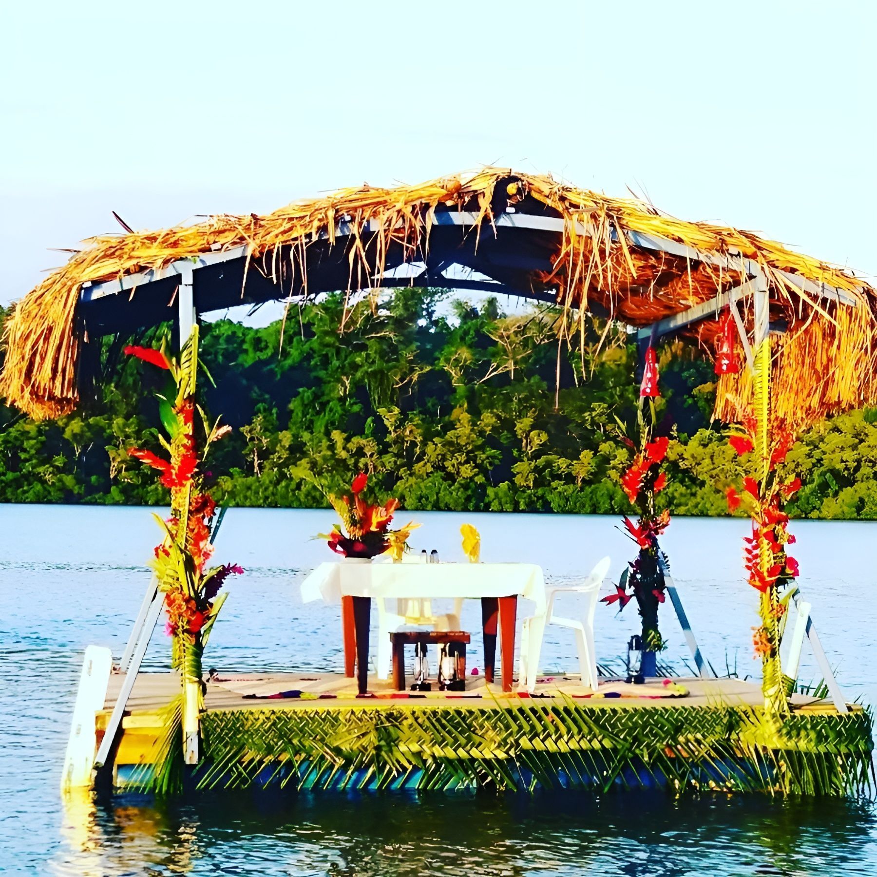 A floating platform with a table and chairs on it