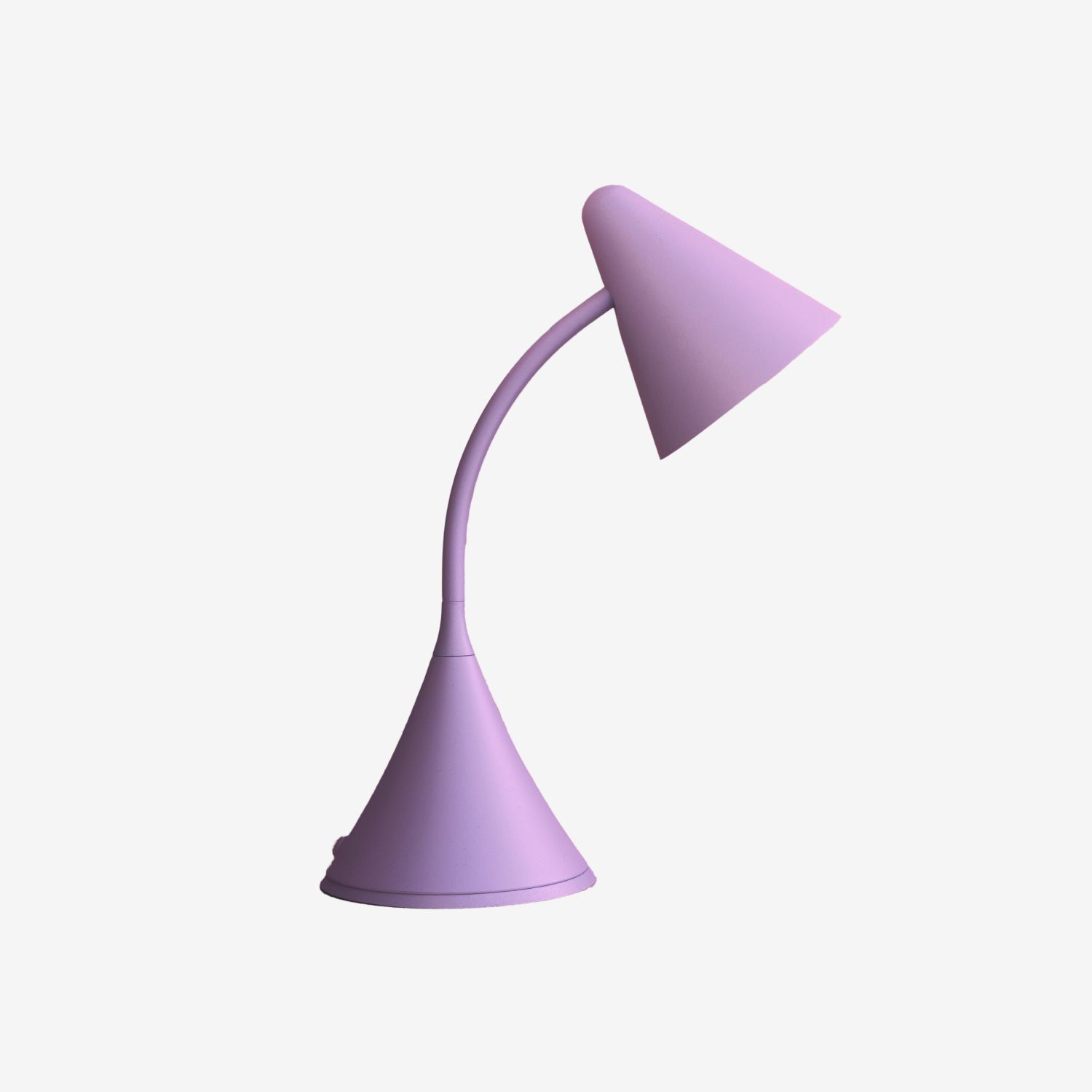 A light purple table lamp with a flared base and a curved neck holding a conical shade.