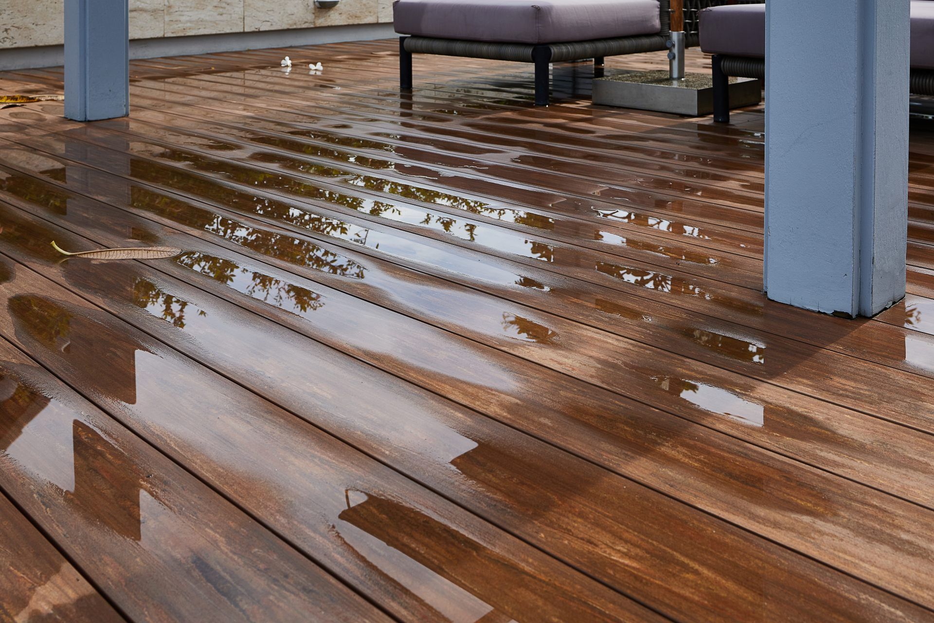 Wet, brown wooden deck reflecting the surrounding environment. Gray furniture sits in the background.