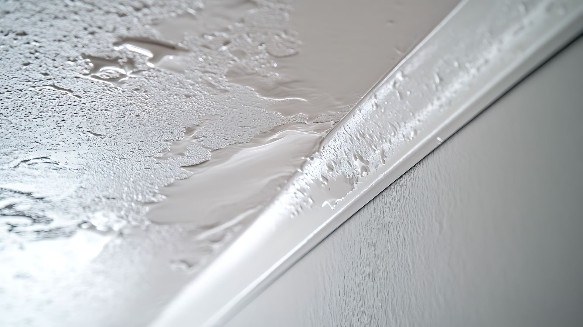 Water damage on a white ceiling, with peeling paint and moisture, near a molding.