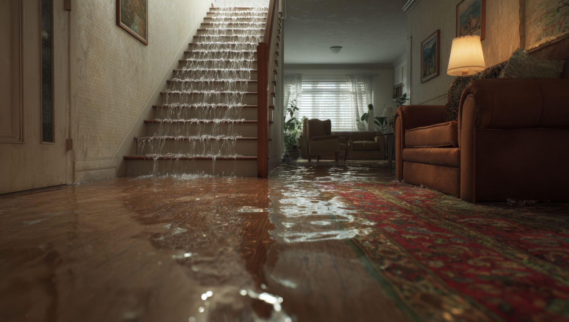 Water cascading down stairs, flooding a home's entryway. Brown stairs, red rug, furniture in the background.