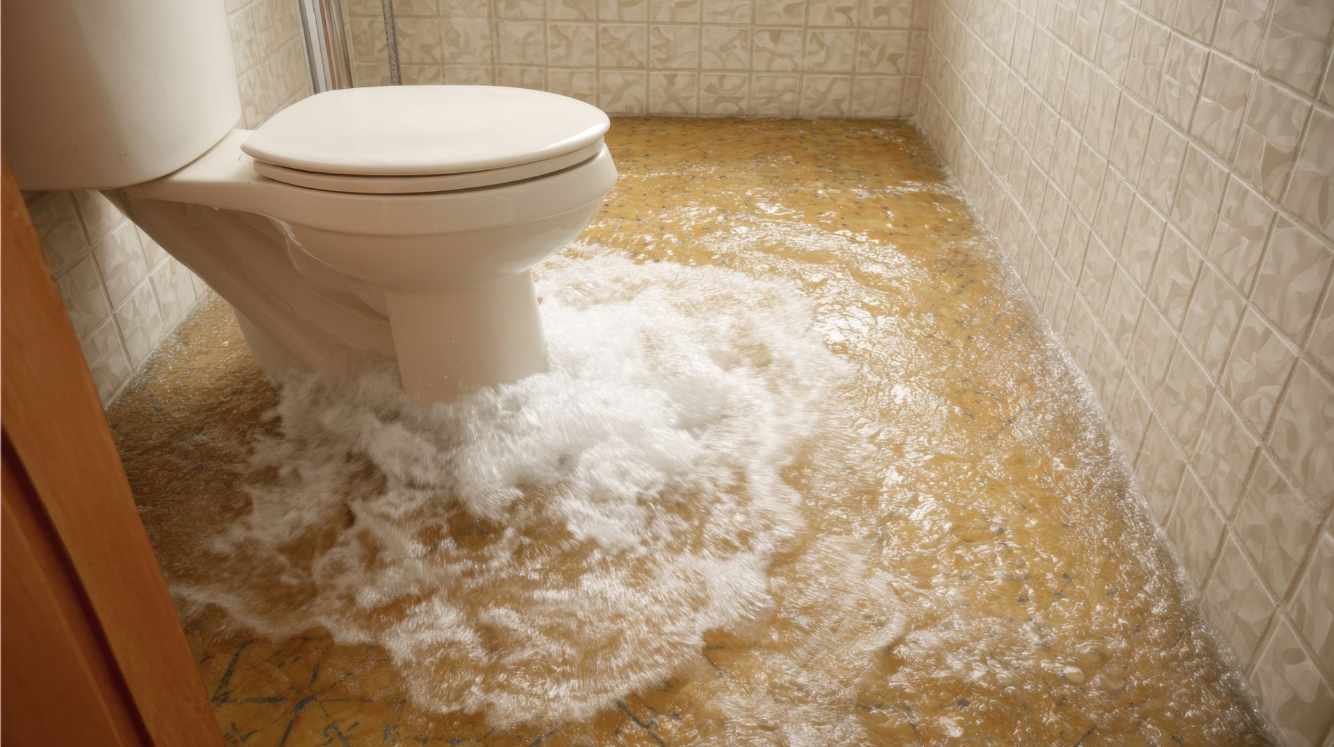 Overflowing toilet flooding a bathroom, brown water on the floor.