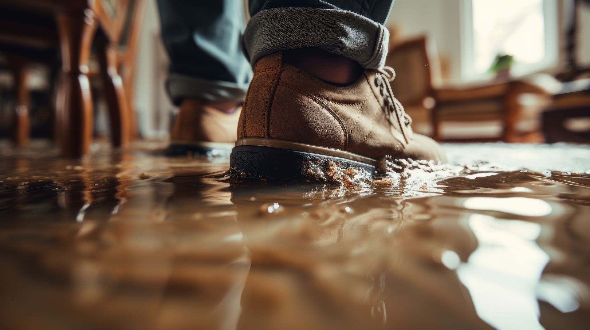 Person's boots wade through water on a flooded wooden floor inside a house.