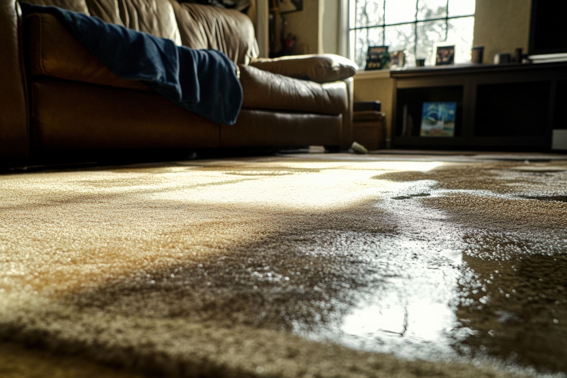 Flooded carpet in a living room, water pooling near a brown leather couch in sunlight.